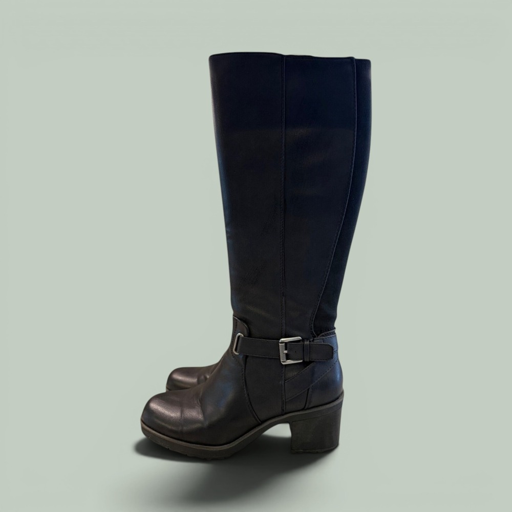 Baretraps Women's Black 18 in.Tall Block Heel Full Zip Faux Leather Boots Sz 8.5